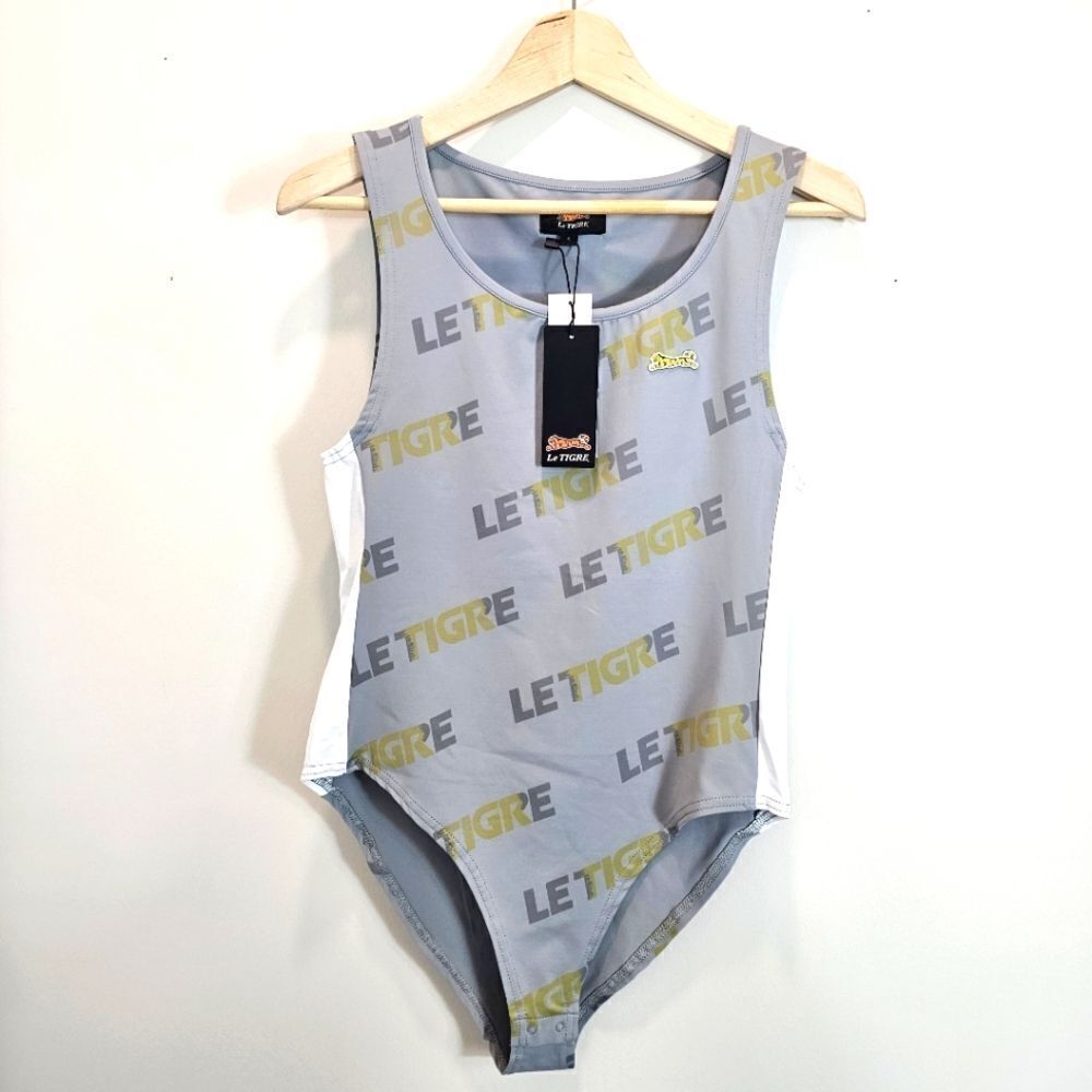 Le Tigre Spellout Grey Gold One Piece Bodysuit Size L NWT